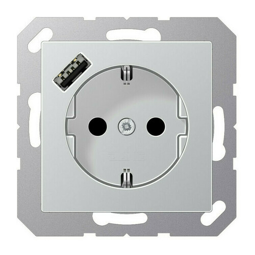 Розетка с USB Jung A 500, скрытый монтаж, с заземлением, алюминий, A1520-18AAL